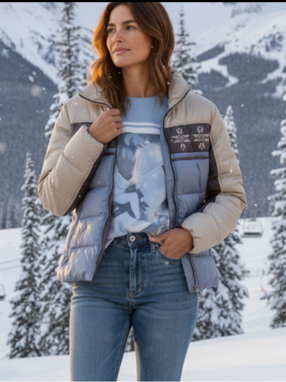 Bogner Beige and Light Blue Puffer Ski Jacket